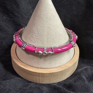 Vintage Pink Bangle Bracelet With Intricate Silver metal Design